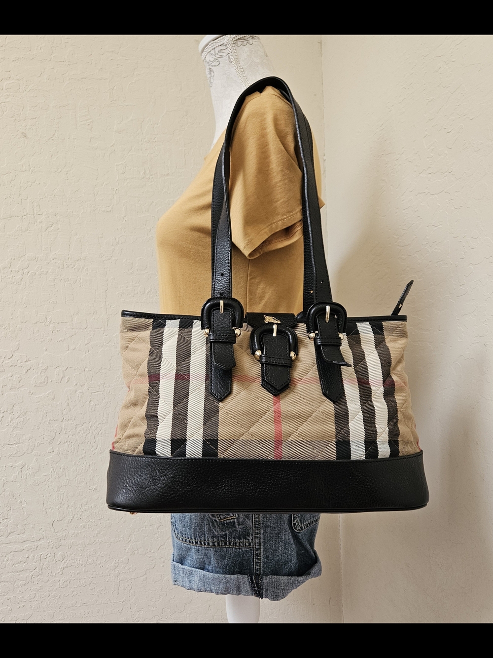 Burberry Canvas Leather Quilted Nova Check Shoulder Bag AUTHENTIC